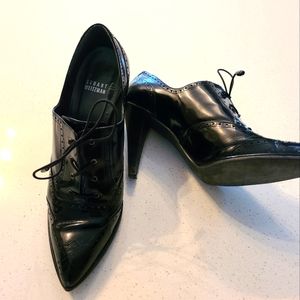 Stuart Weitzman patent lace oxford heel boots